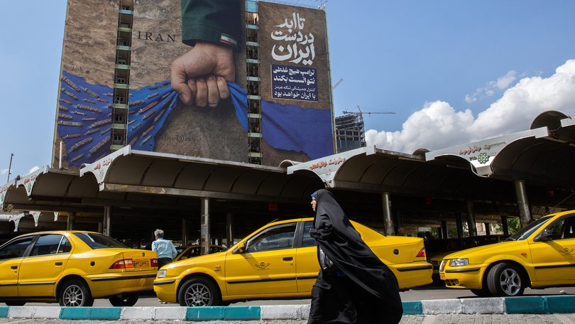 A mural showing Iran controlling the Strait of Hormuz in Tehran, Iran, on April 21.