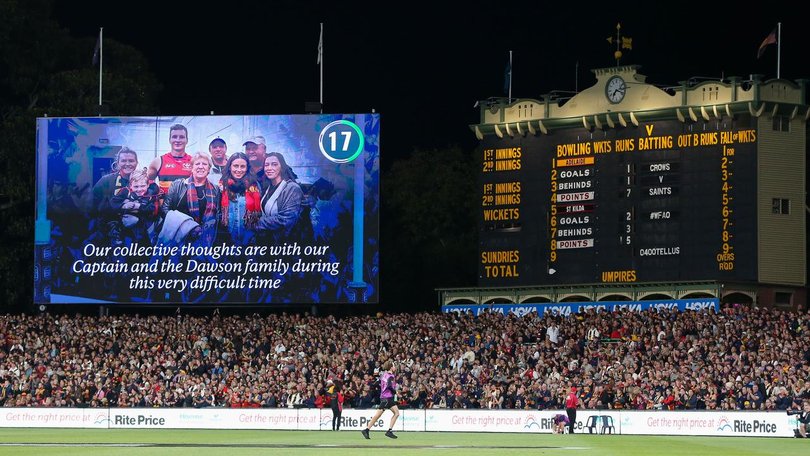 Adelaide Oval stands as one in tribute to captain Jordan Dawson and his late brother Jaryd last month.