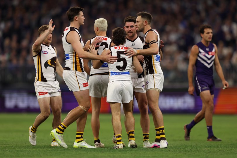 PERTH, AUSTRALIA - MAY 07: Nick Watson of the Hawks celebrates a goal during the round nine AFL match between Fremantle Dockers and Hawthorn Hawks at Optus Stadium, on May 07, 2026, in Perth, Australia. (Photo by Janelle St Pierre/AFL Photos/via Getty Images)