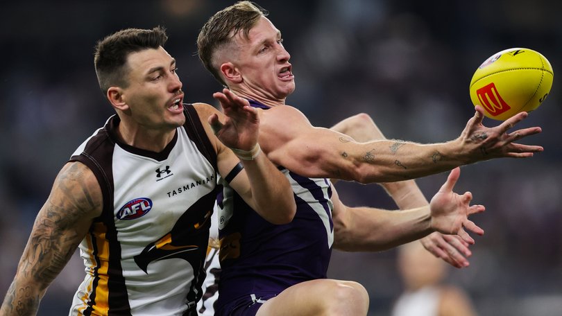 AFL Round 9. Fremantle v Hawthorn at Optus Stadium on Thursday night. Josh Treacy juggles a mark