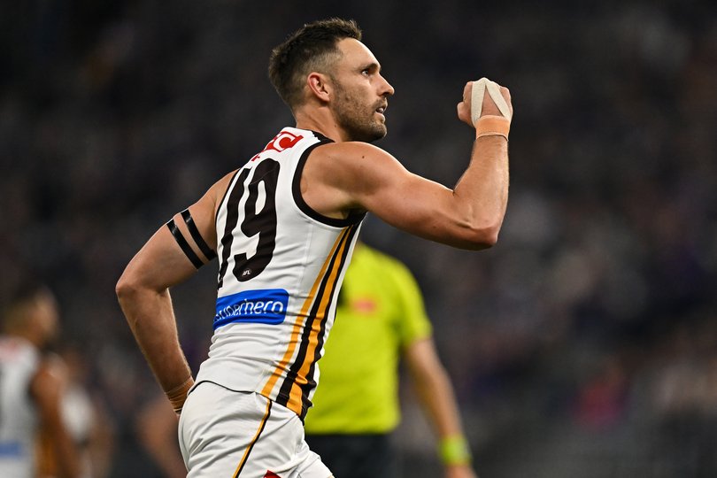 PERTH, AUSTRALIA - MAY 07: Jack Gunston of the Hawks celebrates a goal during the 2026 AFL Round 09 match between the Fremantle Dockers and the Hawthorn Hawks at Optus Stadium on May 7, 2026 in Perth, Australia. (Photo by Daniel Carson/AFL Photos via Getty Images)