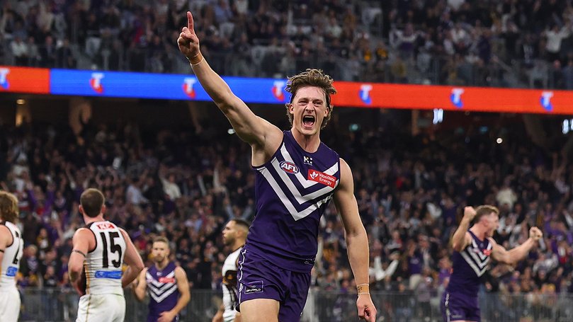 PERTH, AUSTRALIA - MAY 07: Jye Amiss of the Dockers celebrates a goal during the round nine AFL match between Fremantle Dockers and Hawthorn Hawks at Optus Stadium, on May 07, 2026, in Perth, Australia. (Photo by Paul Kane/Getty Images)