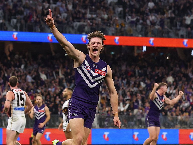 PERTH, AUSTRALIA - MAY 07: Jye Amiss of the Dockers celebrates a goal during the round nine AFL match between Fremantle Dockers and Hawthorn Hawks at Optus Stadium, on May 07, 2026, in Perth, Australia. (Photo by Paul Kane/Getty Images)