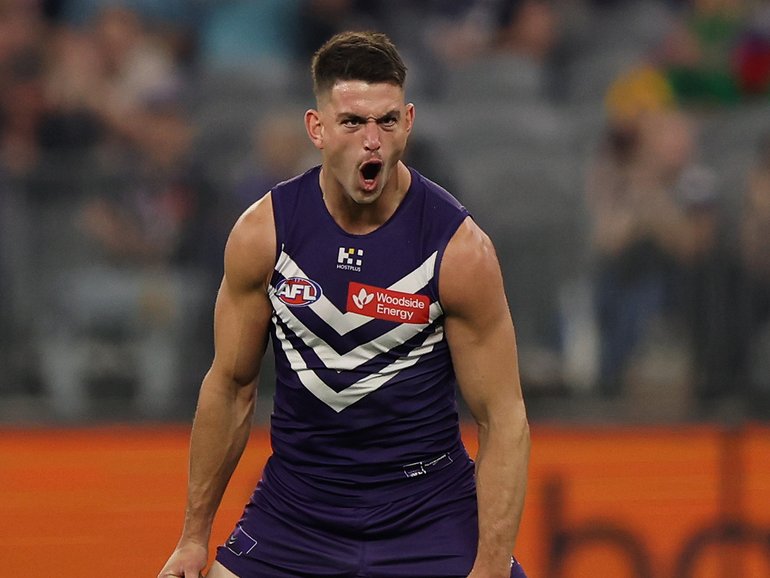 Patrick Voss of the Dockers celebrates a goal.
