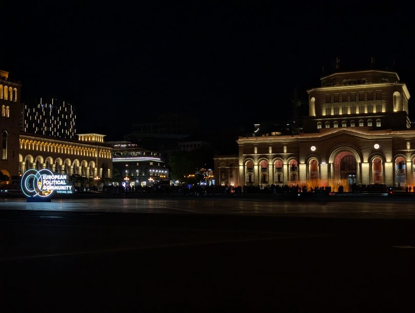 A sign welcoming the European Political Community lights up Republic Square in Yerevan, Armenia