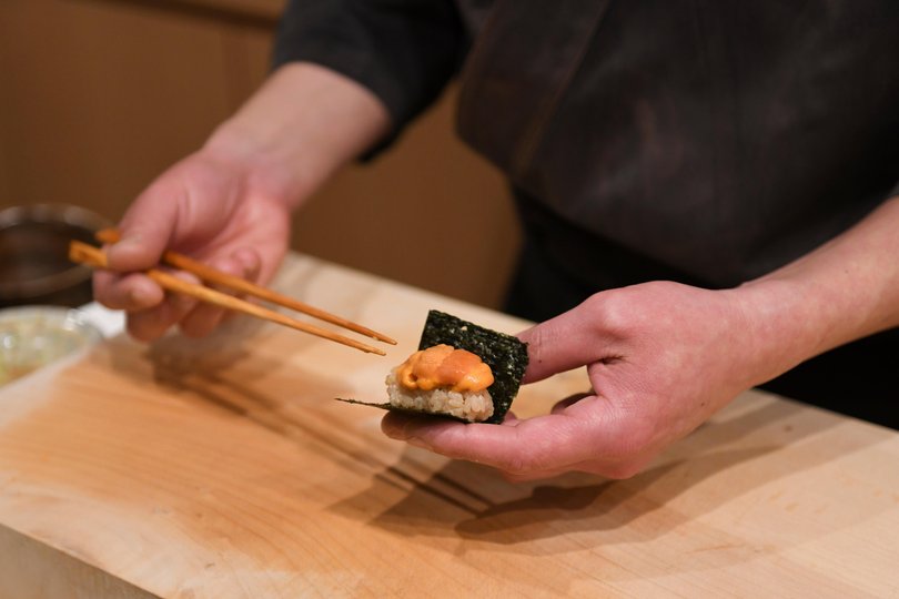 Hokkaido uni, a dish served at Gotoku Shibuya, a sushi restaurant in Tokyo.