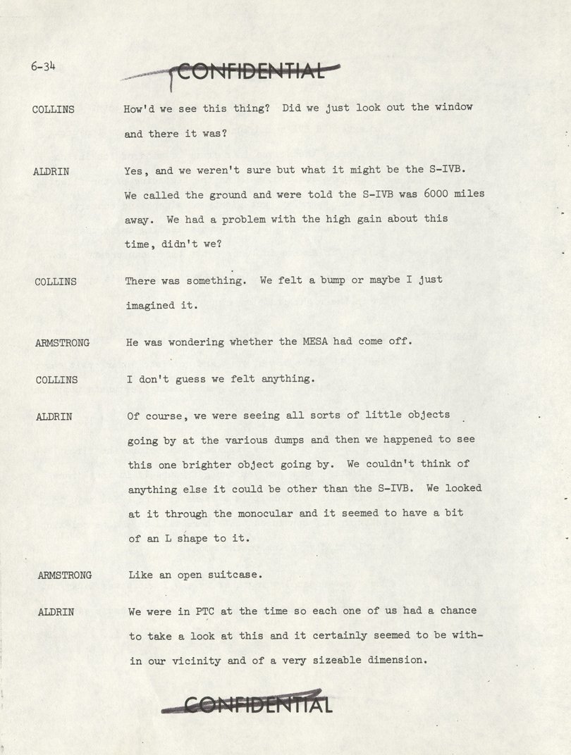 In an undated image from the Department of Defense, a page from a 1969 technical debriefing of Neil Armstrong, Buzz Aldrin and Michael Collins, the three American astronauts on the Apollo 11 moon mission. The Pentagon on Friday released online what it called “new, never-before-seen” files, dating back decades, related to unidentified flying objects. (Department of Defense via The New York Times)  — NO SALES; FOR EDITORIAL USE ONLY