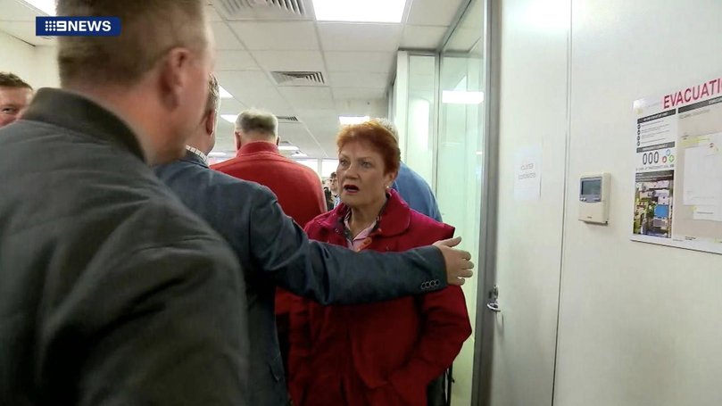 Pauline Hanson demanded to know why a local ABC crew was kicked out a media conference in the seat of Farrer by her main adviser. Picture: 9News