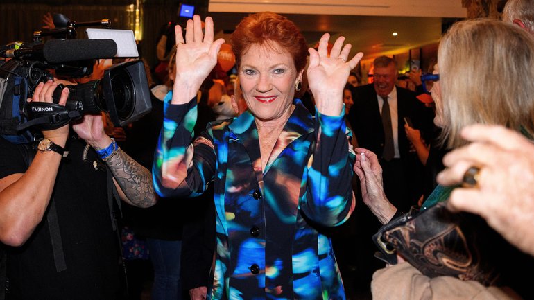 One Nation Leader Pauline Hanson arrives for the One Nation Farrer by-election reception in Albury, NSW, Saturday, May 9, 2026. Voters will head to the polls on Saturday for the Farrer by-election to replace former Opposition Leader Sussan Ley in Federal Parliament, following a Liberal leadership spill. (AAP Image/Bianca De Marchi) NO ARCHIVING BIANCA DE MARCHI