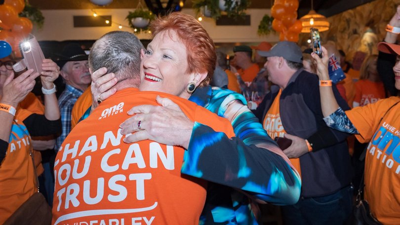 Pauline Hanson celebrates with One Nation supporters after winning the party’s first federal lower house seat in Farrer. Picture: NewsWire / Simon Dallinger