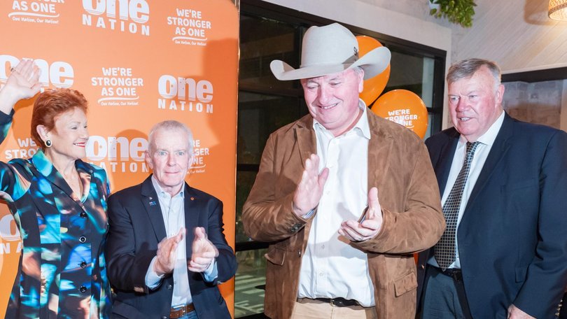 Pauline Hanson, Malcolm Roberts and Barnaby Joyce celebrate David Farley’s win for One Nation in the seat of Farrer. Picture: NewsWire / Simon Dallinger