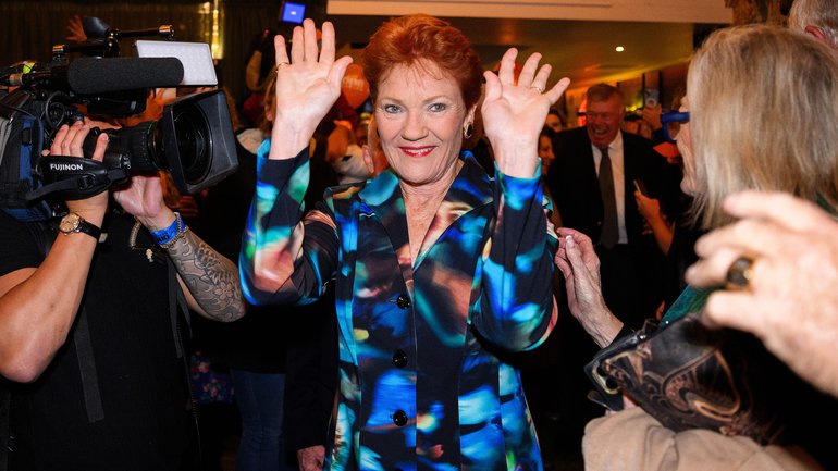 One Nation Leader Pauline Hanson arrives for the One Nation Farrer by-election reception in Albury, NSW, Saturday, May 9, 2026. Voters will head to the polls on Saturday for the Farrer by-election to replace former Opposition Leader Sussan Ley in Federal Parliament, following a Liberal leadership spill. (AAP Image/Bianca De Marchi) NO ARCHIVING