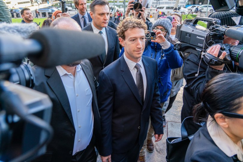 Mark Zuckerberg, chief executive officer of Meta Platforms Inc., center, arrives at Los Angeles Superior Court to take the stand at a landmark trial over social media addiction and face a barrage of questions about how Meta Platforms Inc. balances protecting young users on its platforms.