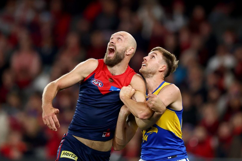Max Gawn and Tylar Young compete for a mark.