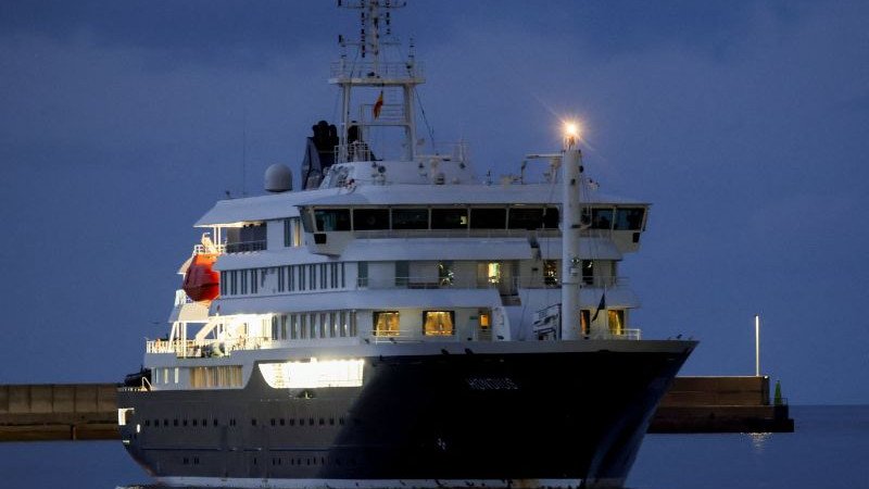 The cruise ship MV Hondius arrives at the port of Granadilla de Abona in Tenerife, Spain on May 10, 2026. 