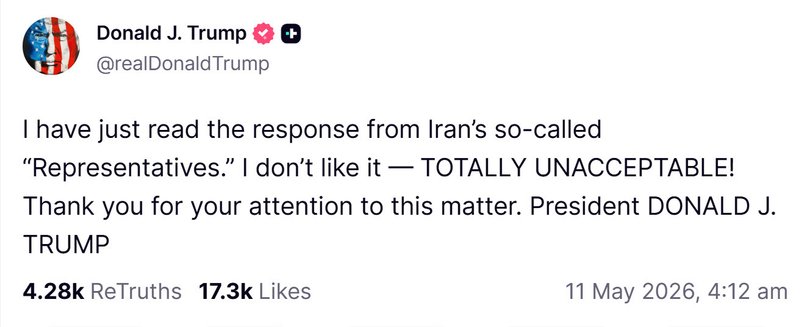 US President Donald Trump's response to Iran peace deal proposal on Truth Social overnight.