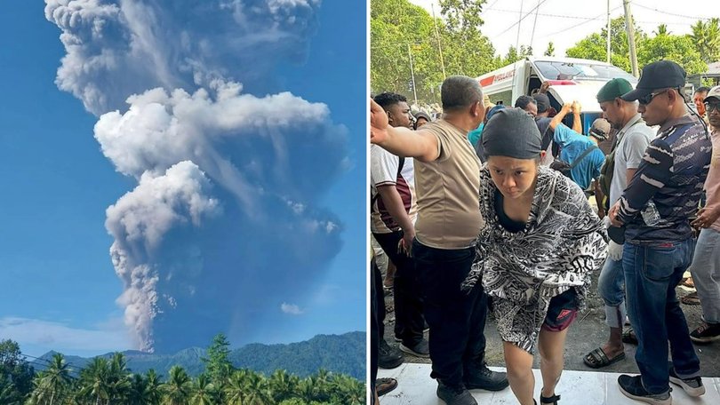 Two people have been found holding each other after a volcanic explosion.;