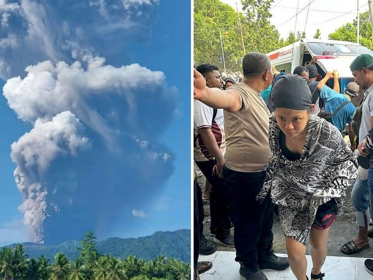 Two people have been found holding each other after a volcanic explosion.;
