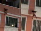 Horrified residents scrambled into action after spotting a toddler dangling from a third-floor balcony.