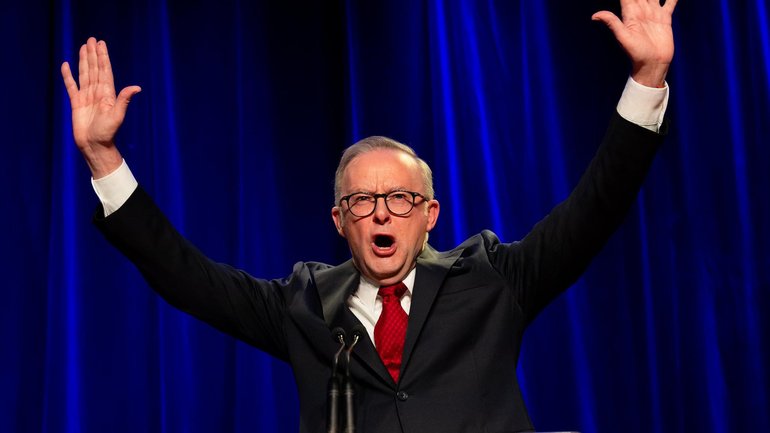 Prime Minister Anthony Albanese on election night in 2025.