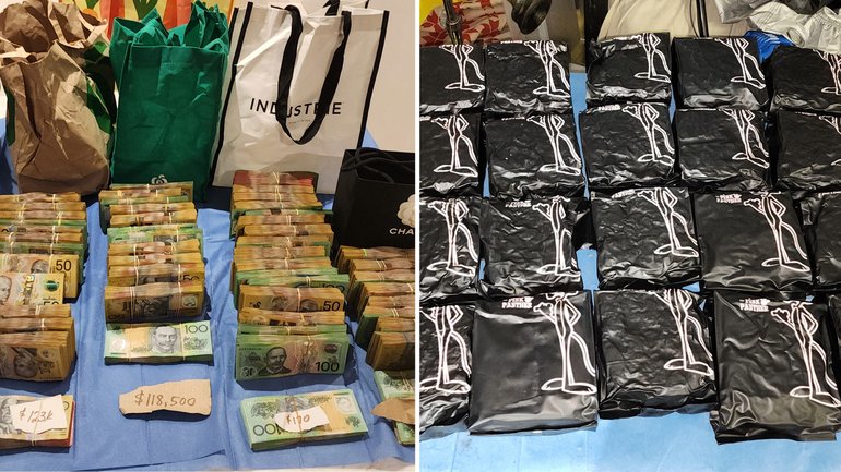 Three people were arrested at two properties after large sums of drugs, cash were found.