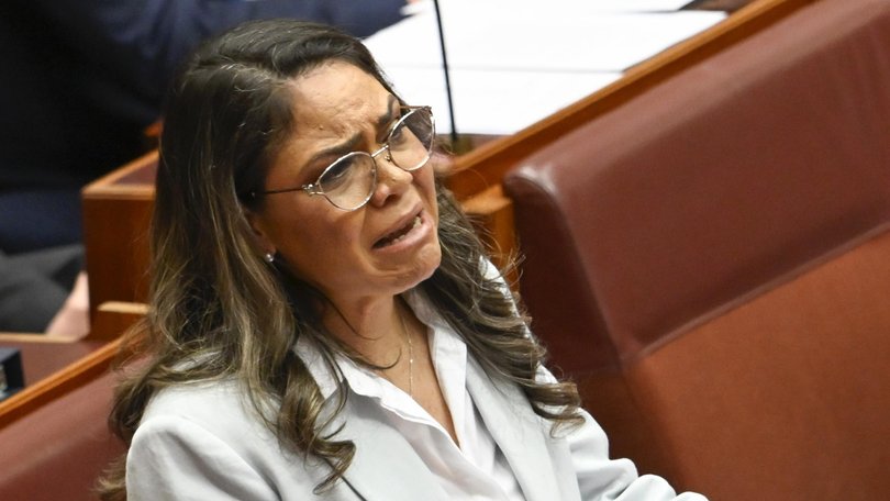 Senator Jacinta Nampijinpa Price broke down while delivers an emotional statement into the death of her niece in Alice Springs. Picture: NewsWire / Martin Ollman.