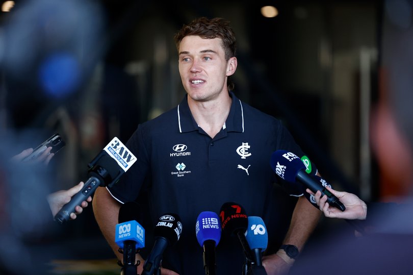 MELBOURNE, AUSTRALIA - MAY 12: Patrick Cripps of the Blues speaks with media during a Carlton Blues AFL press conference at Ikon Park on May 12, 2026 in Melbourne, Australia. (Photo by Michael Willson/AFL Photos via Getty Images)