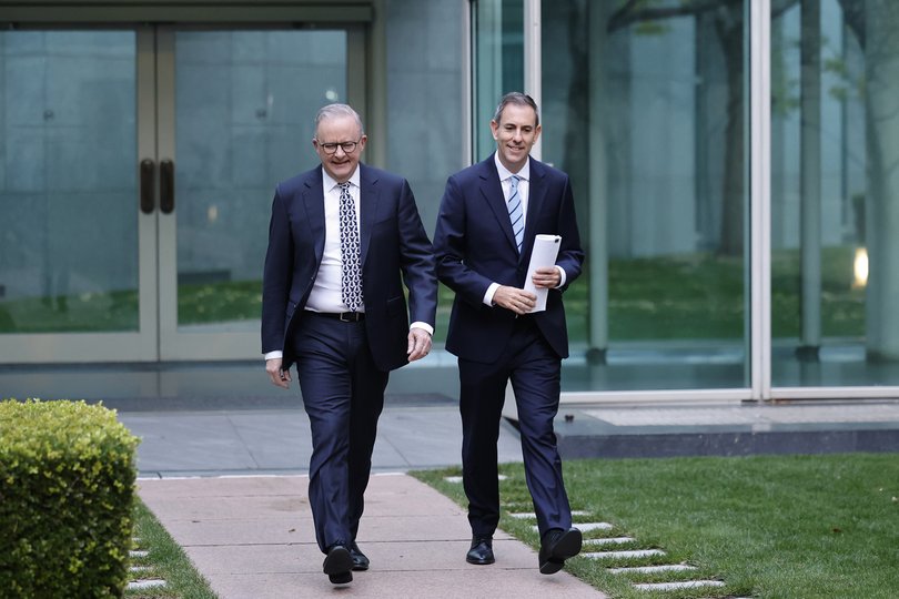 Prime Minister Anthony Albanese and Treasurer Jim Chalmers arrive at Parliament House on May 13, 2026 in Canberra, Australia. 