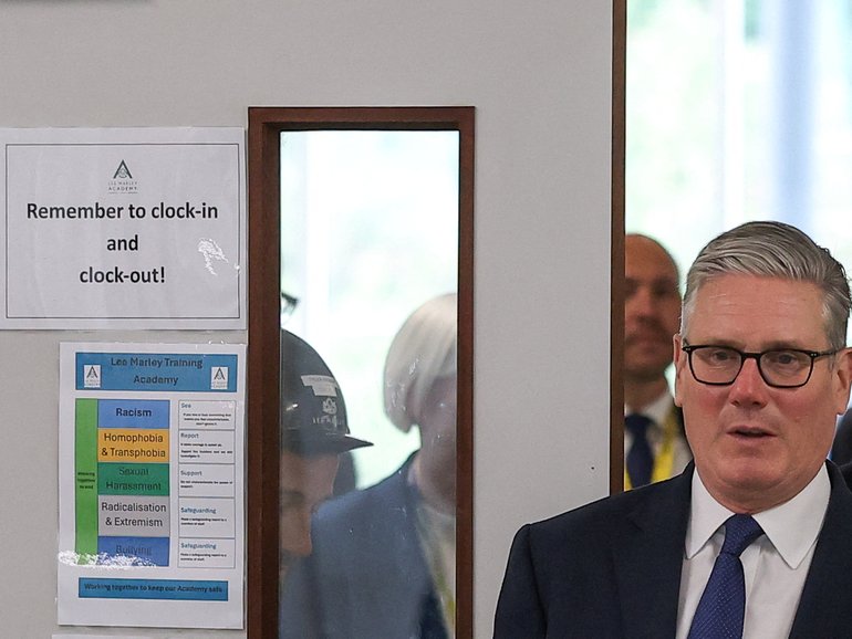 Prime Minister Keir Starmer meets construction apprentices during a visit to London South Bank Technical College on May 12, 2026 in London, England.