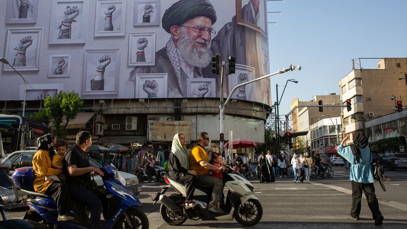 A billboard in Tehran shows a photo the late Ayatollah Ali Khamenei, who was killed at the beginning of the war, on May 7, 2026. Countries were bracing on Monday for prolonged economic woes stemming from high energy prices after President Donald Trump called the latest Iranian offer to end the war and reopen the Strait of Hormuz “garbage” and declared that the cease-fire was “on massive life support.” (Arash Khamooshi/The New York Times)