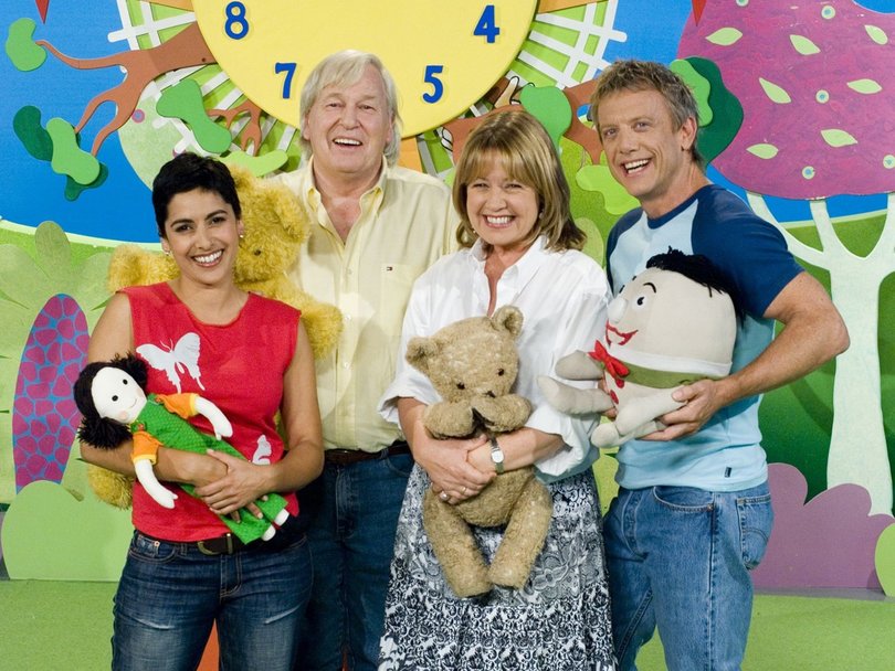 Play School is turning 60. Pictured: Leah Vandenberg with John Hamblin, Noni Hazlehurst and Simon Burke.