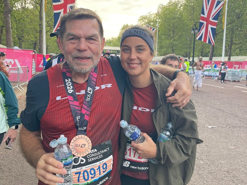 Graham ‘Skroo’ Turner completes the London Marathon for the eighth time. Pictured with his daughter, Jo.