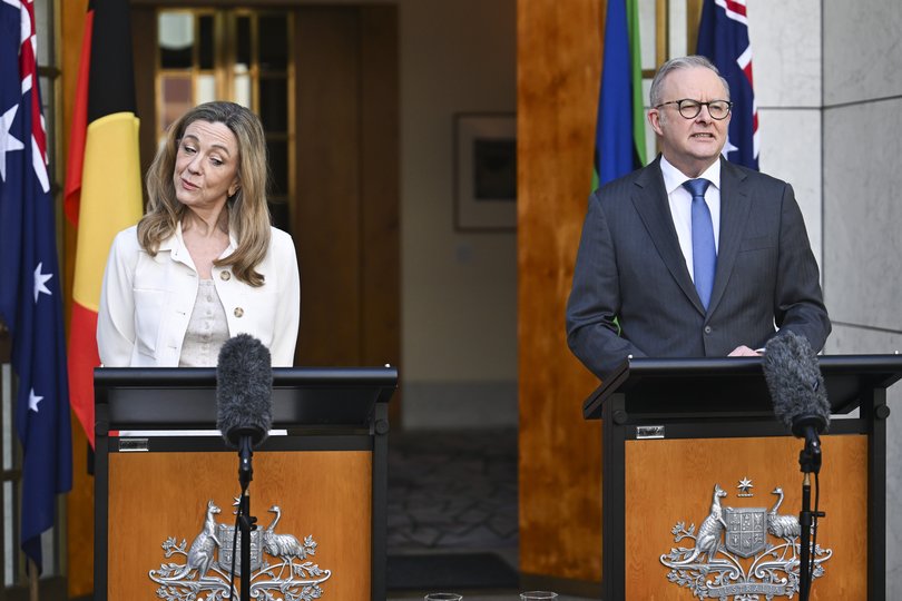 CANBERRA, Australia, NewsWire Photos. May 14, 2026: Prime Minister Anthony Albanese and Senator Tammy Tyrrell hold a press conference at Parliament House. Picture: NewsWire / Martin Ollman
