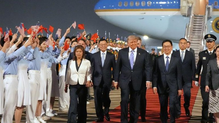 President Donald Trump has touched down in Beijing ahead of bilateral talks with his counterpart. (AP PHOTO)