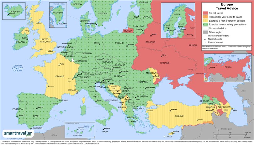 Australians planning a European getaway are being urged to closely check official travel advice, with conditions varying significantly across the region.