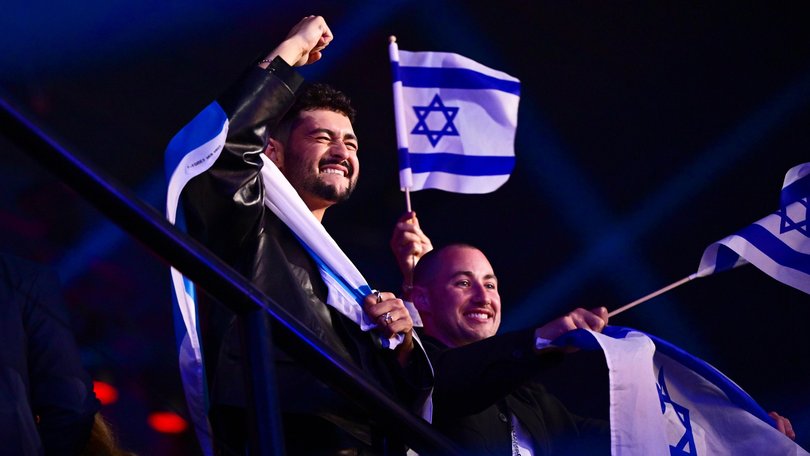 Israel’s Noam Bettan celebrates making it through the first semi-final of Eurovision 2026.