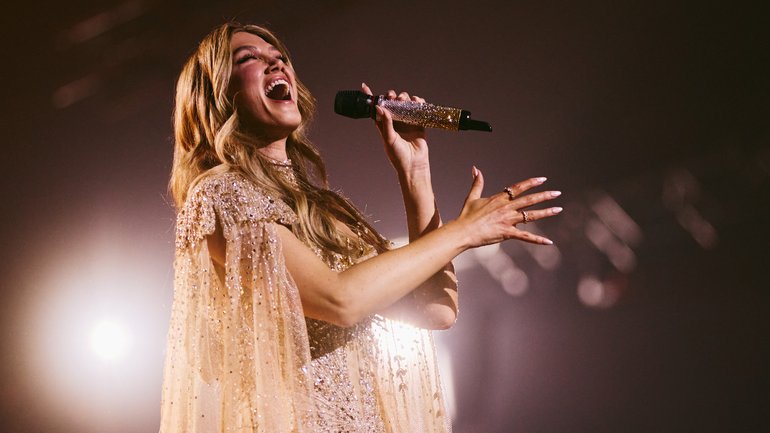 Rehearsal: Delta Goodrem performing Eclipse for Australia during the First Rehearsal at Wiener Stadthalle, Vienna 2026.