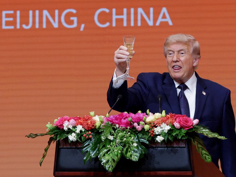 U.S. President Donald Trump makes a toast during a state banquet hosted by Chinese President Xi Jinping at the Great Hall of the People in Beijing, China.
