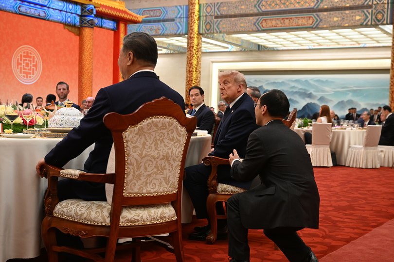 President Donald Trump takes part in a state banquet at the Great Hall of the People in Beijing during his two-day summit with President Xi Jinping of China, on Thursday, May 14, 2026. In contrast to his rhetoric about China at home, President Trump spoke in conciliatory terms with Xi Jinping, the Chinese leader. (Kenny Holston/The New York Times)