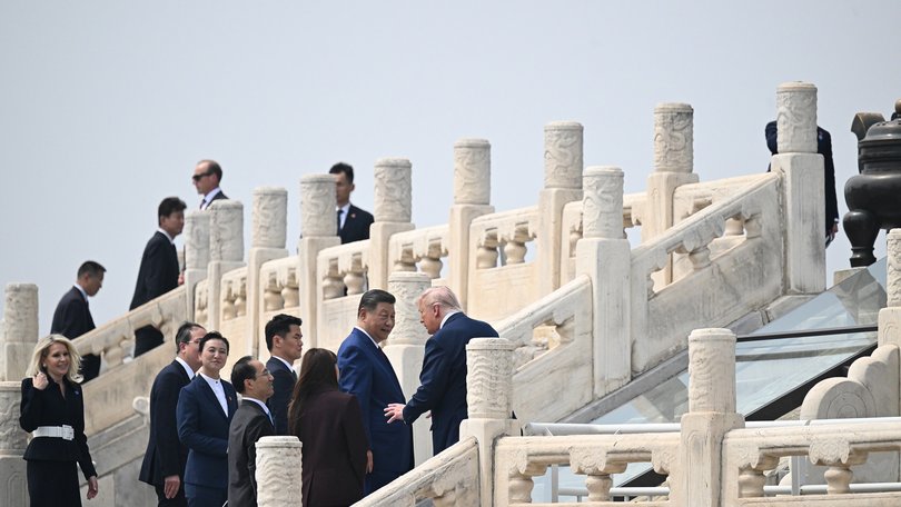President Donald Trump and President Xi Jinping of China visit the Temple of Heaven in Beijing during their two-day summit, on Thursday, May 14, 2026. In contrast to his rhetoric about China at home, President Trump spoke in conciliatory terms with Xi Jinping, the Chinese leader. 