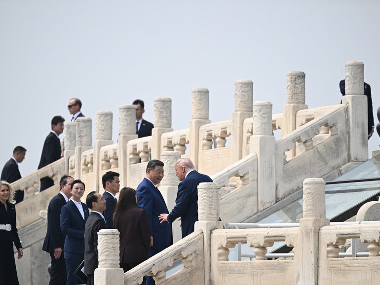 President Donald Trump and President Xi Jinping of China visit the Temple of Heaven in Beijing during their two-day summit, on Thursday, May 14, 2026. In contrast to his rhetoric about China at home, President Trump spoke in conciliatory terms with Xi Jinping, the Chinese leader. 