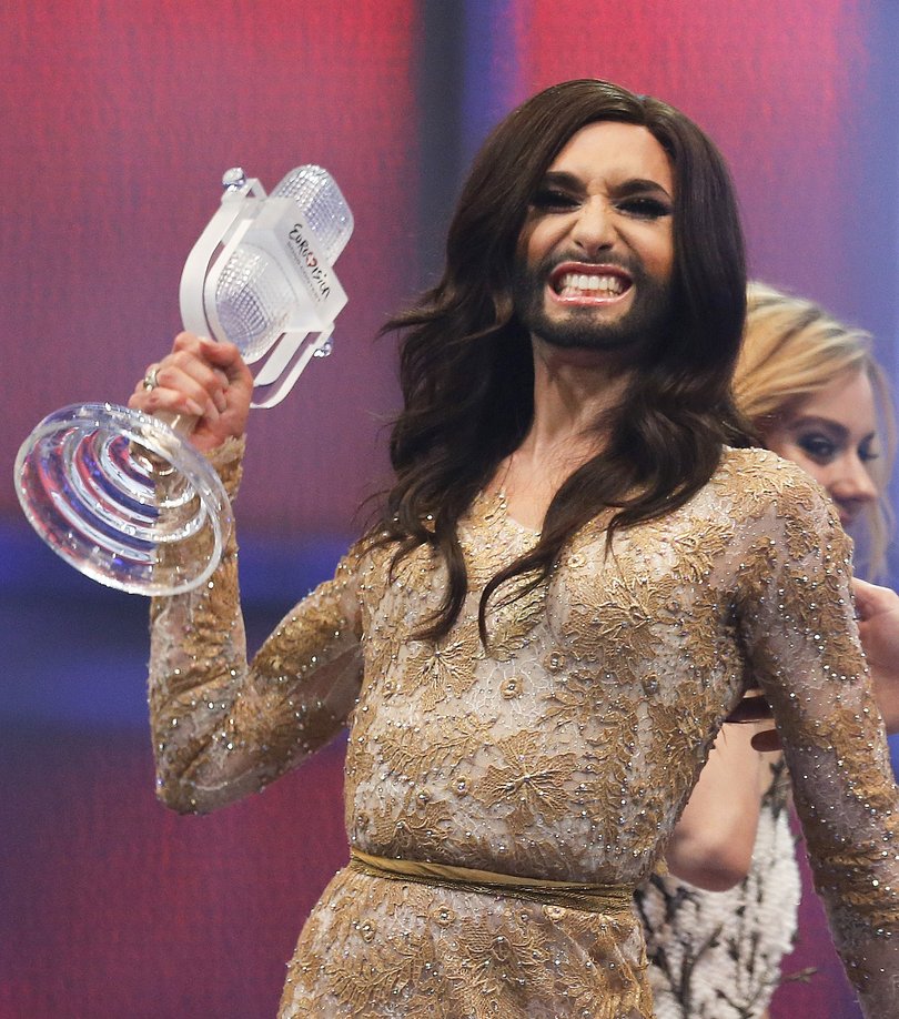 Singer Conchita Wurst won for Austria with Rise Like a Phoenix in 2014. 
