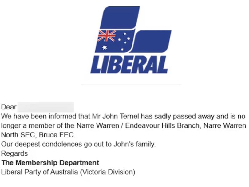 The email sent to Victorian branch members about John Ternel. Picture: ABC