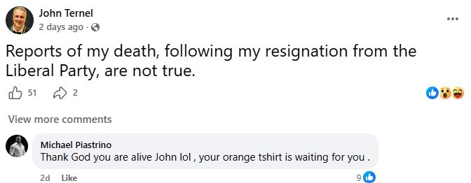 John Ternel's message on Facebook