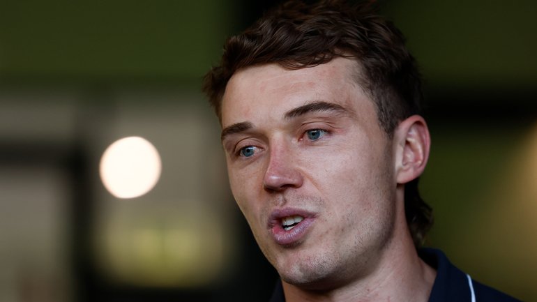 Patrick Cripps of the Blues speaks with media.