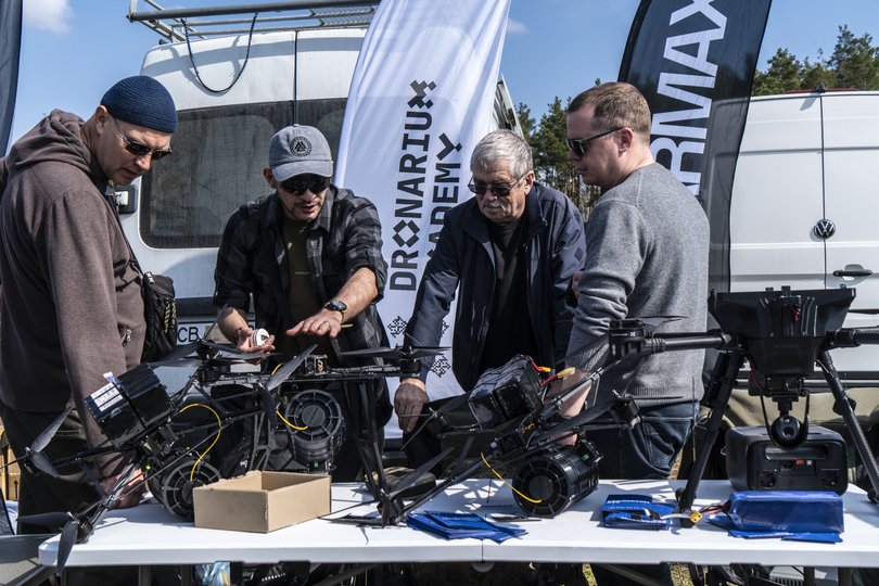 Devices on display at a drone expo in the Kyiv region of Ukraine, March 27, 2026.