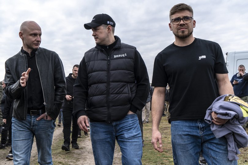 Ukraine’s Defense Minister Mykhailo Fedorov, center, at a drone expo in the Kyiv region of Ukraine, March 27, 2026.