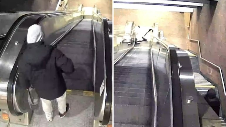 A 40-year-old father has died after becoming trapped in an escalator, with confronting footage showing more than a dozen people walking past as he struggled.