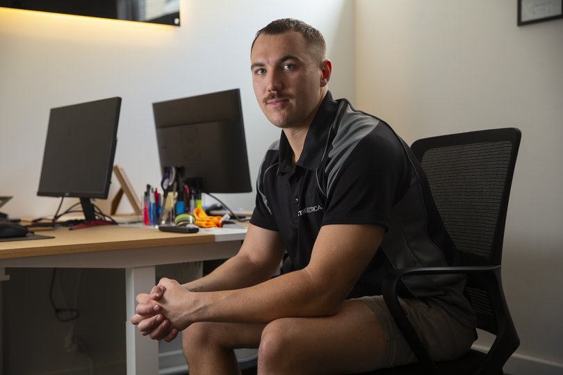 Small business owner Tyler Hawker, in his office in Osborne Park, Perth.