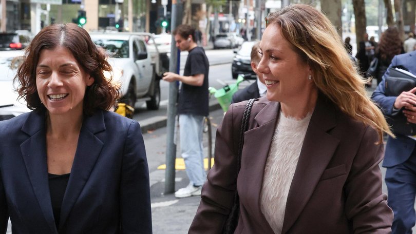 Cate Sayers (right) walks out of court with her lawyer Sue Chrysanthou. Picture: NewsWire / David Caird